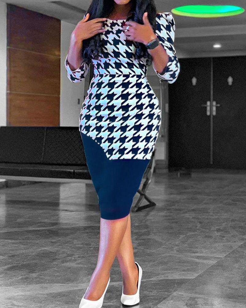 

Houndstooth Print Colorblock Puff Sleeve Work Women Dress, Blue