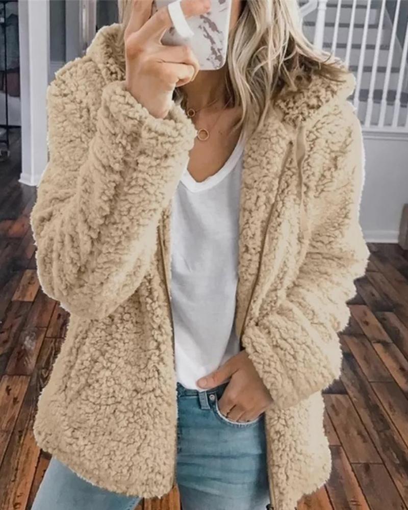 

Plain Long Sleeve Hooded Teddy Coat, Khaki