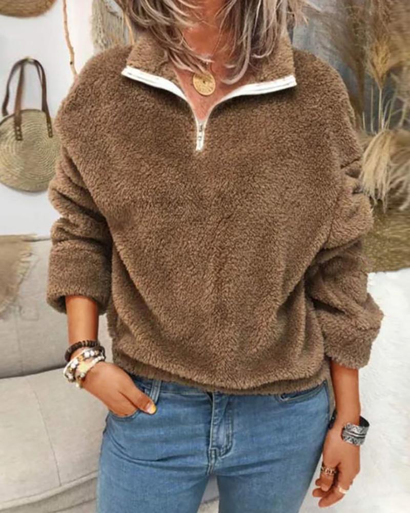 

Fleece Long Sleeve Plain Zipper Design Sweatshirt, Khaki