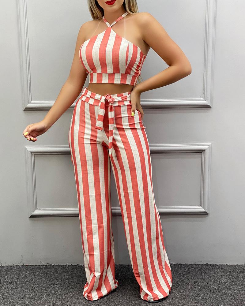 

Striped Print Tied Detail Top & Wide Leg Pants Set With Belt, Orange
