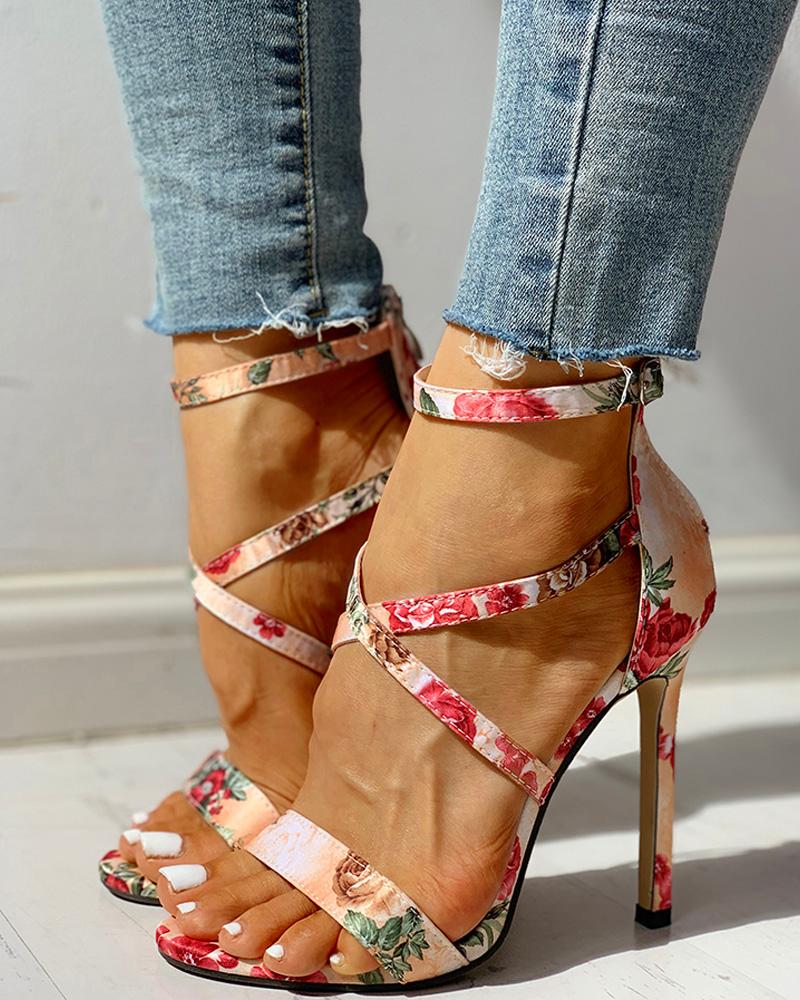 

Floral Ankle Strap Thin Heeled Sandals, Multicolor