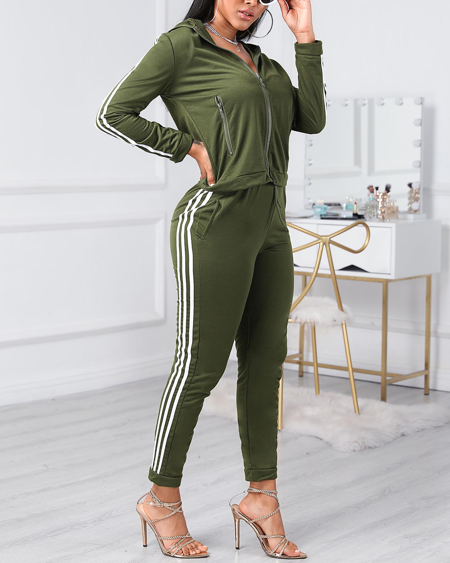 

Side Stripes Hoodie & Drawstring Pencil Pants Sets, Army green