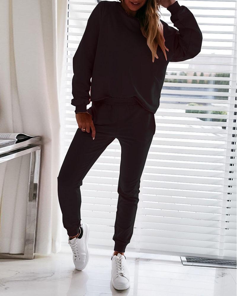 

Solid Long Sleeve Top & Pocket Design Pants Set, Black