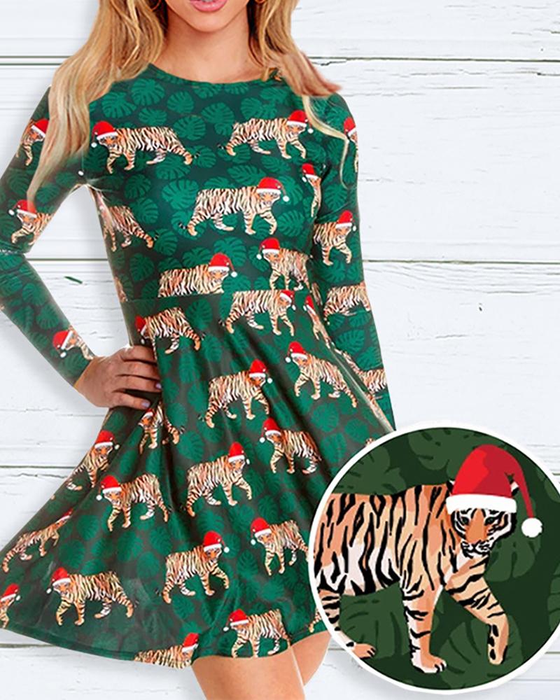

Christmas Mixed Print Long Sleeve Dress, Dark green