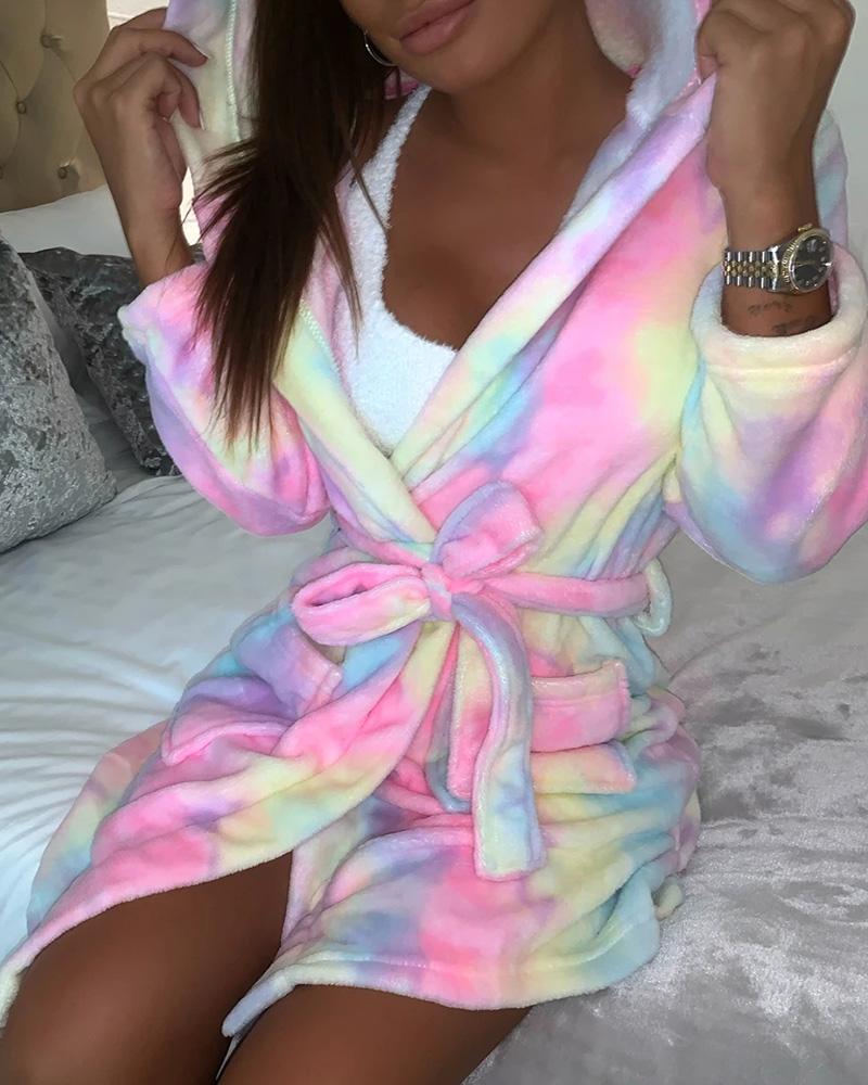 

Tie Dye Zebra Stripe Print Fluffy Hooded Robe, Multicolor