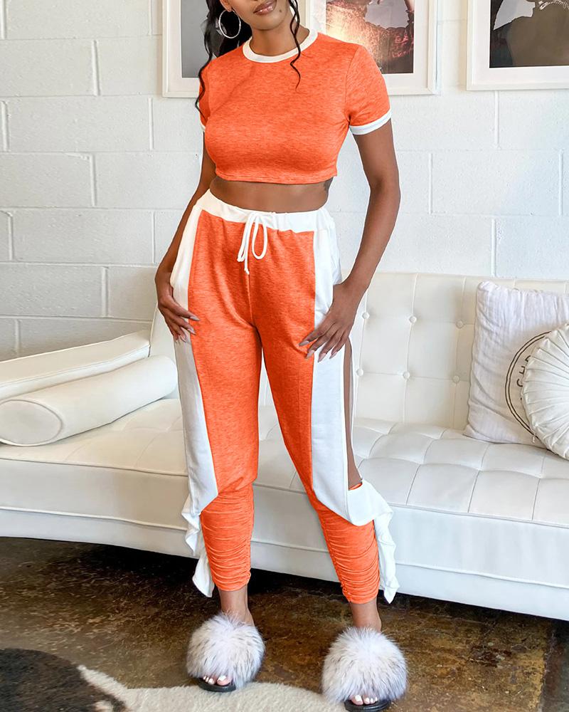 

Contrast Binding Crop Women Top & Slit Ruffles Pants Set, Orange
