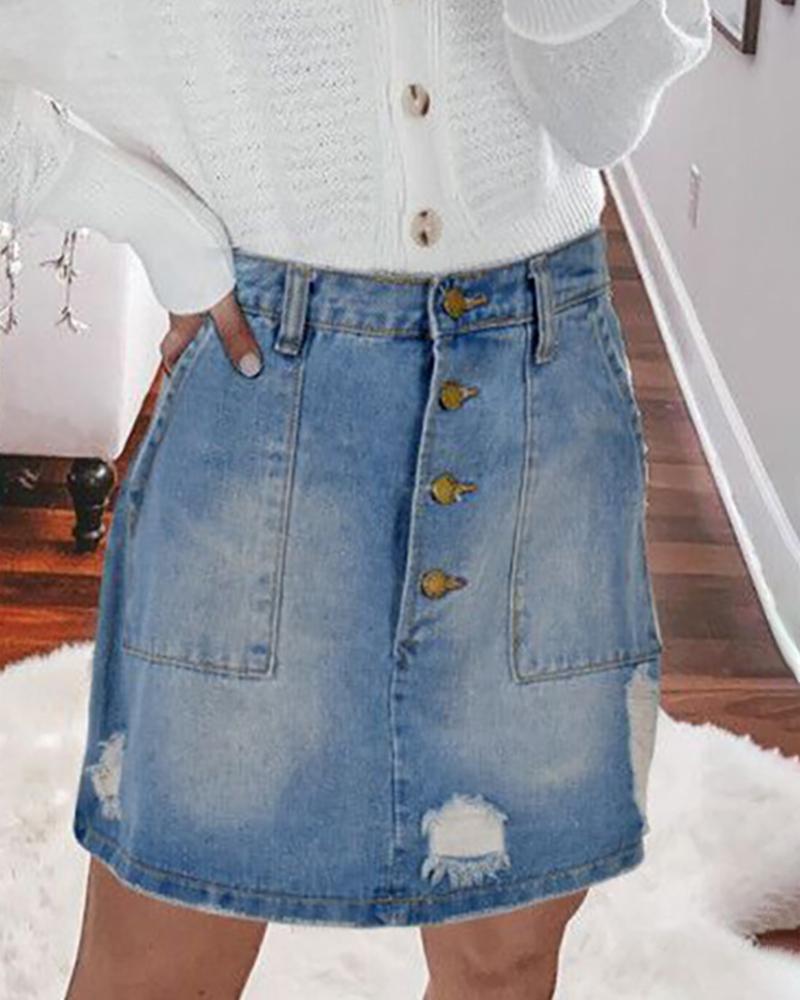 

Ripped Buttoned Pocket Design Denim Skirt, Blue