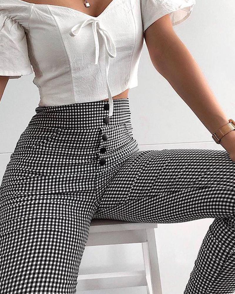 

High Waist Grid Print Casual Pants, Black