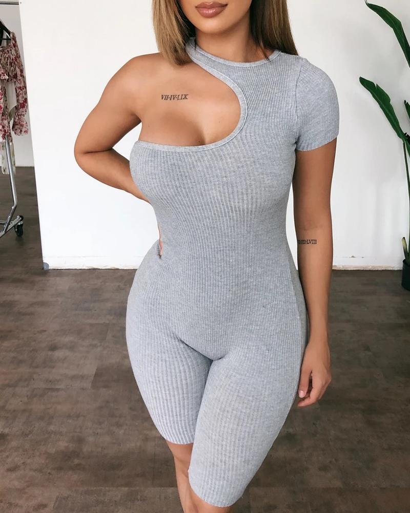 

One Shoulder Short Sleeve Fitted Romper, Gray