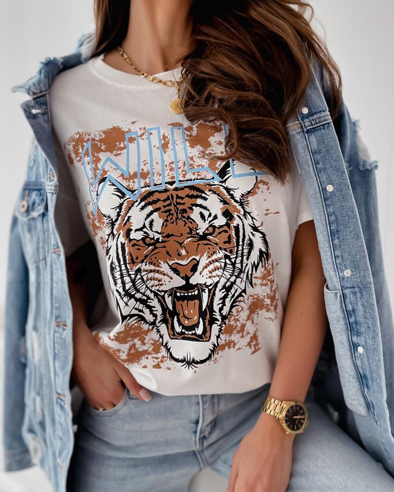 

Tiger Print Short Sleeve Casual T-shirt, White