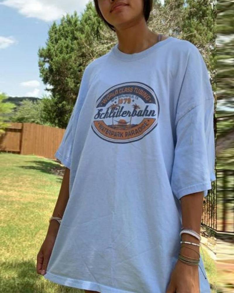 

Print Brief Comfy Loose T-shirt, Blue