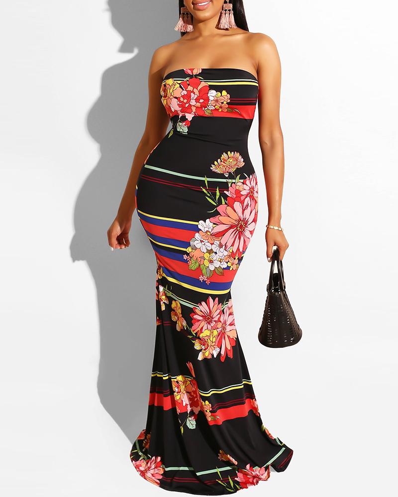 

Off Shoulder Colorblock Floral Print Maxi Dress, Black
