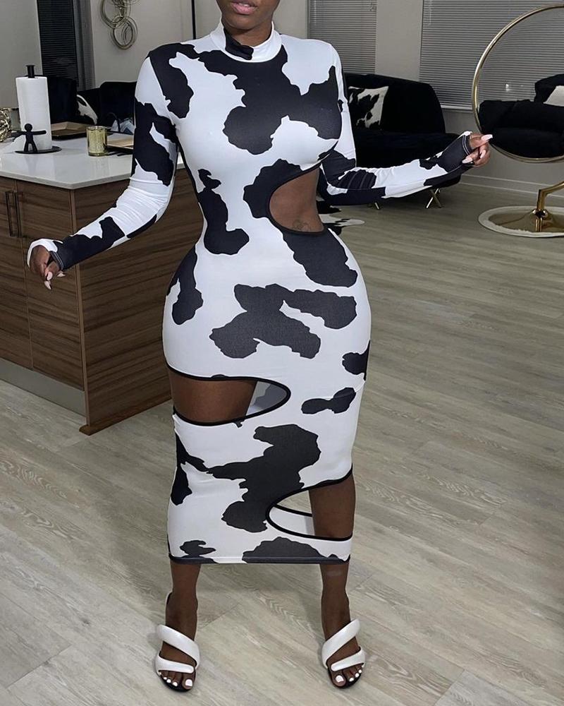 

Cow Print Colorblock Cutout Long Sleeve Maxi Dress, White
