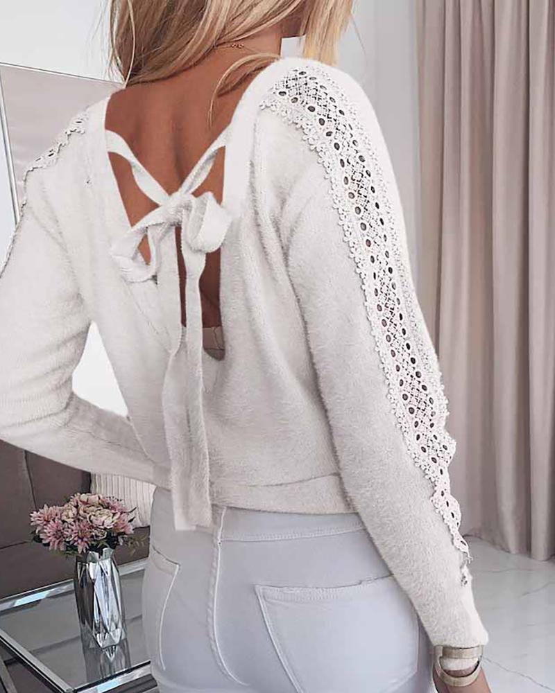 

Eyelet Embroidery Tie Detail Backless Top, White