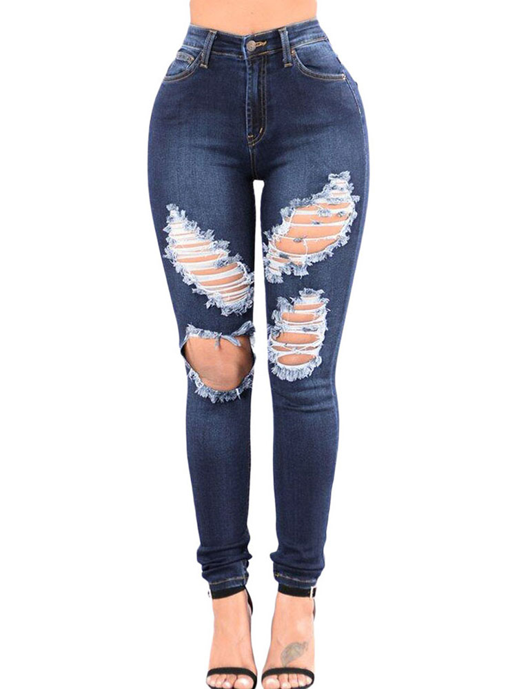 Blue Denim Wash Ripped Cutout Skinny Jeans Online. Discover hottest