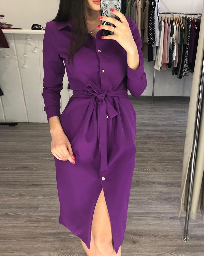 

Plain Long Sleeve Button Design Work Dress, Purple