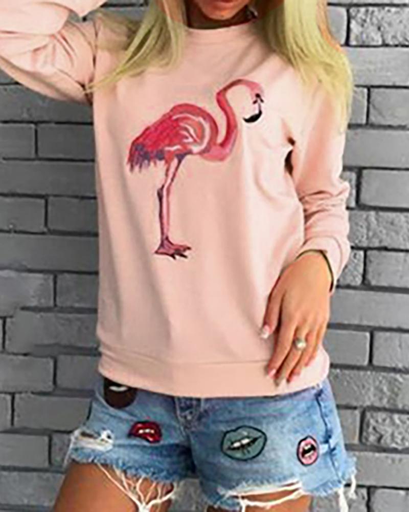 

Flamingo Print Lined Long Sleeve Top, Pink