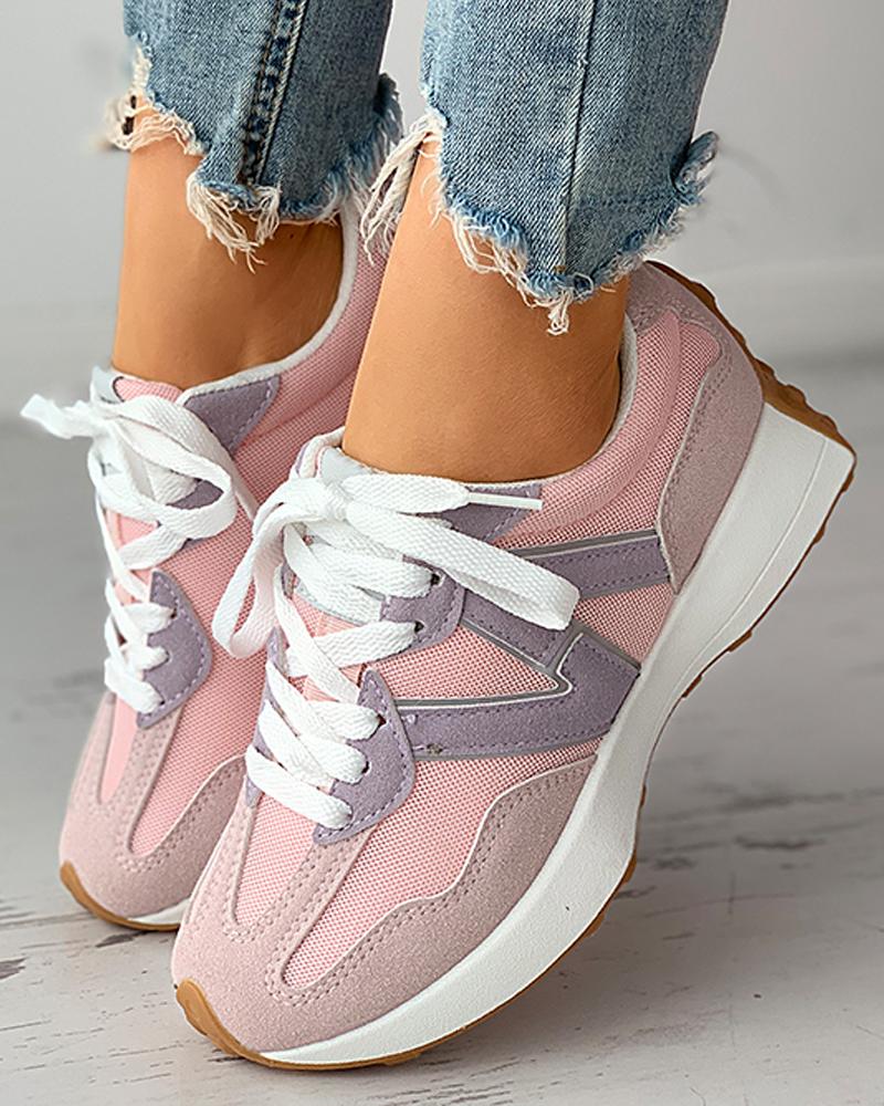 

Letter Pattern Colorblock Lace-up Sneaker, Pink