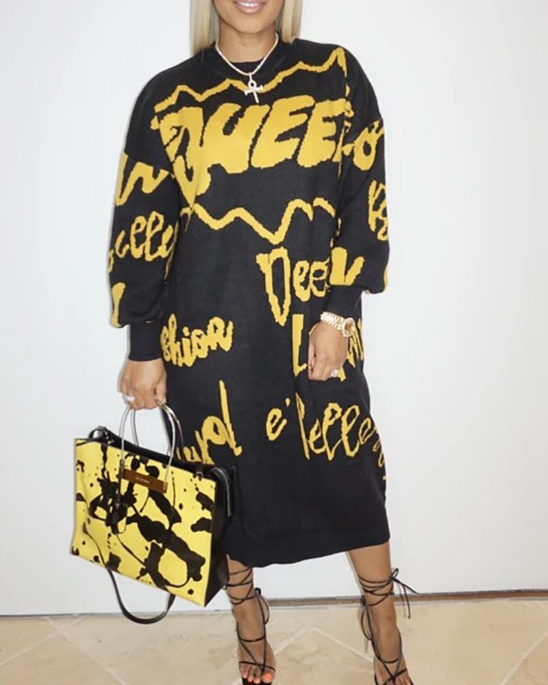 

Letter Print Lantern Sleeve Casual Dress, Black