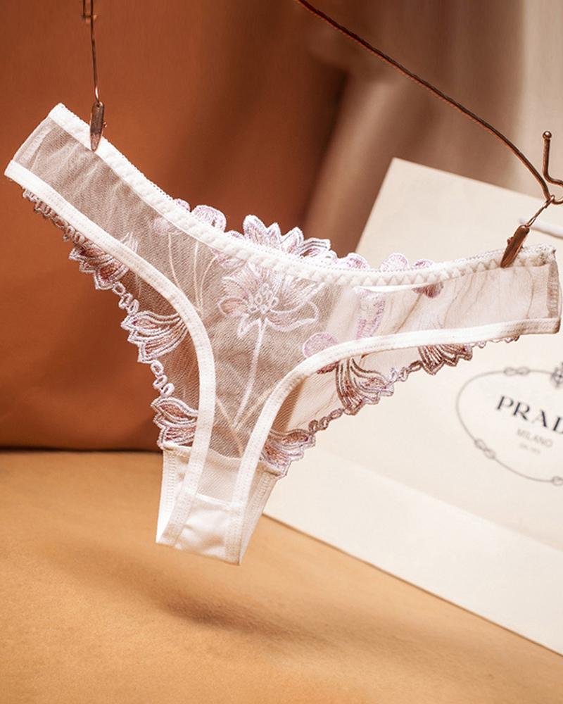 

Sheer Mesh Floral Pattern Lace Thong, White