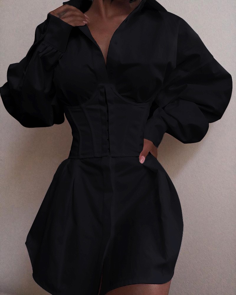 solid long sleeve tight waist buttoned shirt dress