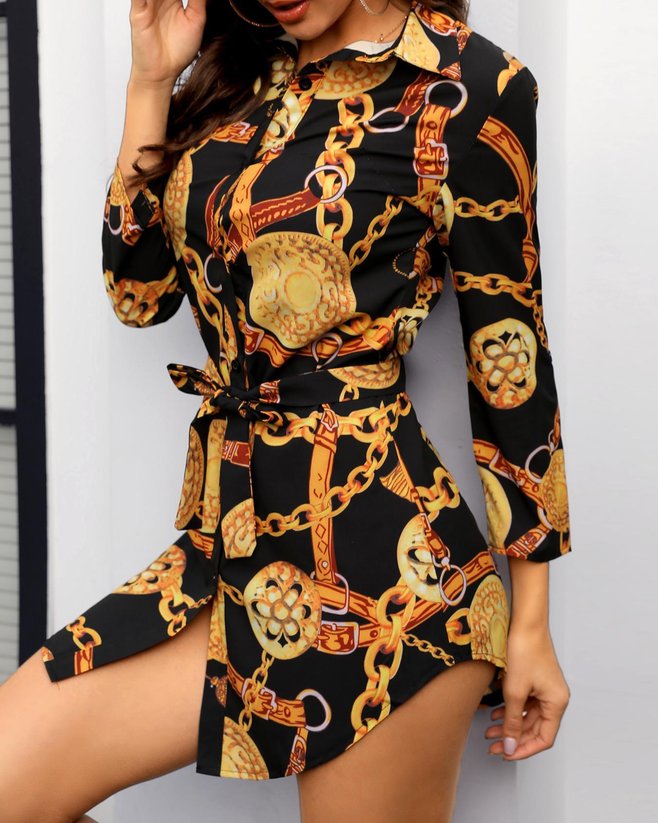 

Chain Print Belted Shirt Dress, Black