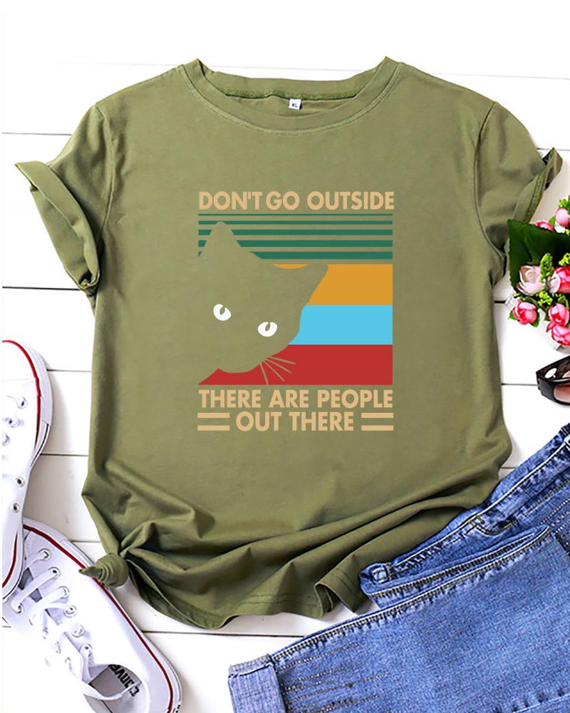 

Letter Cat Print Casual T-shirt, Green