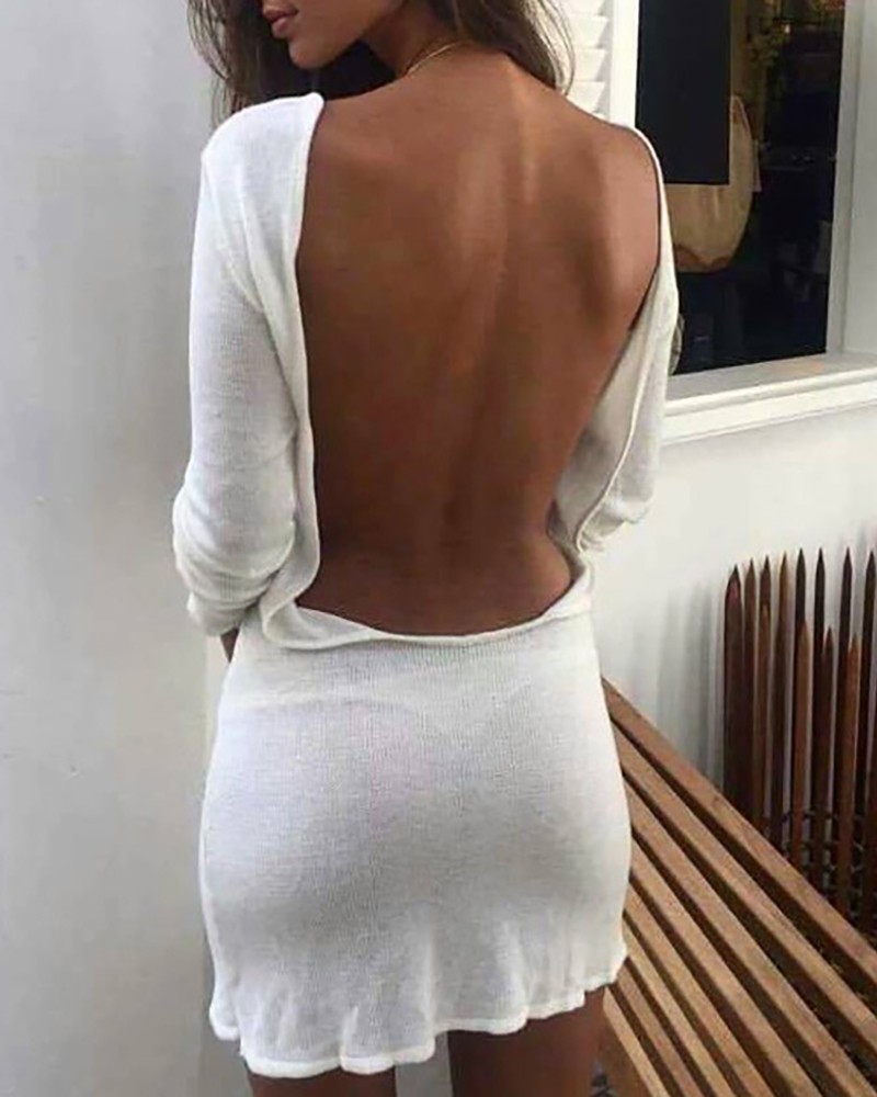 white long sleeve backless dress