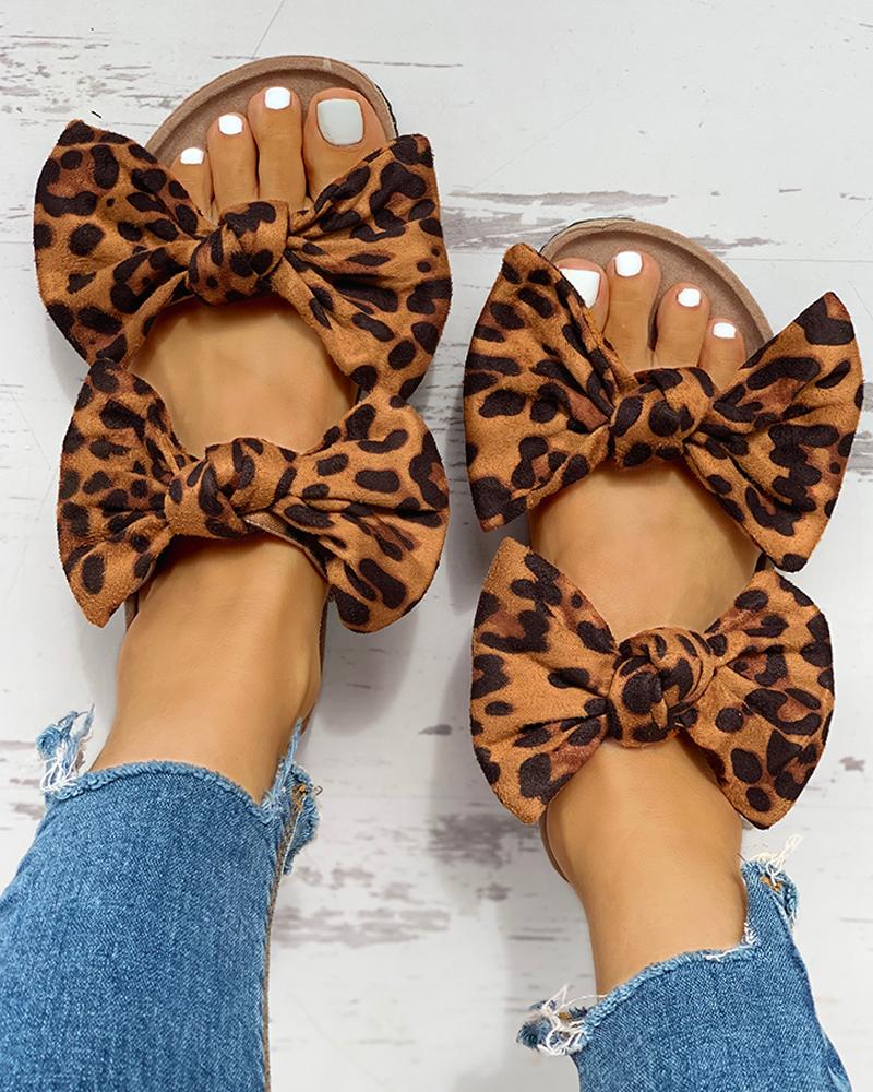 

Bowknot Design Casual Flat Sandals, Leopard