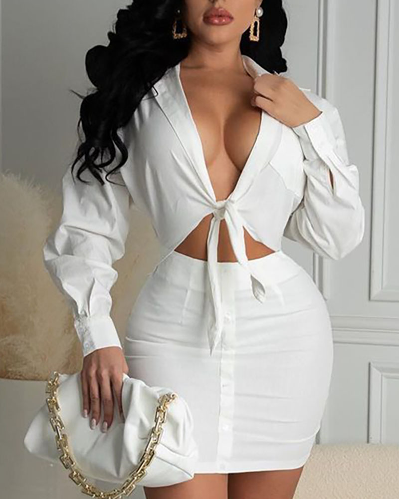 

Plunge Knotted Long Sleeve Bodycon Dress, White