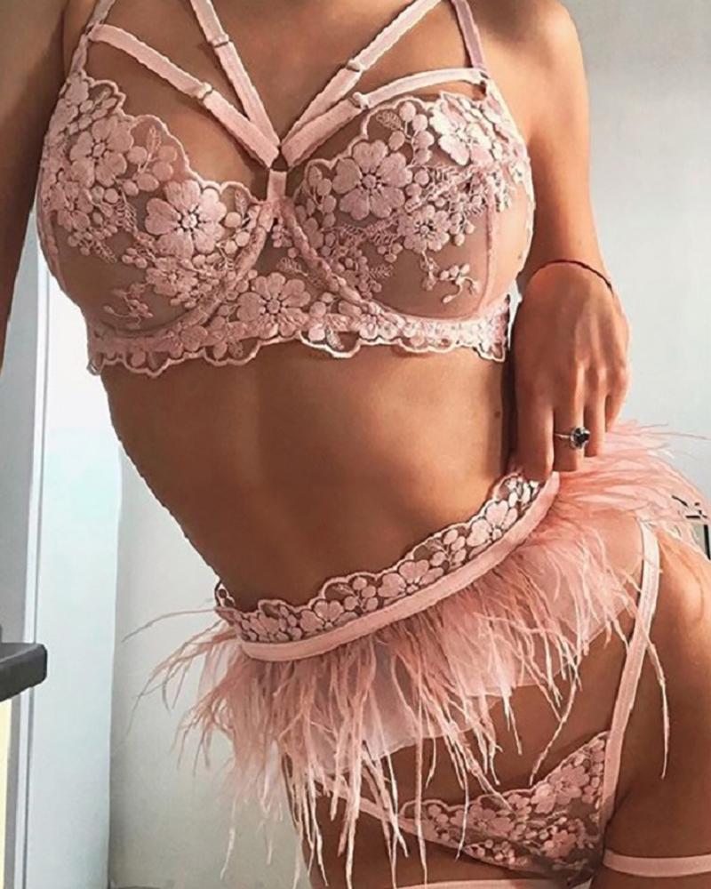 

Crochet Lace Sheer Mesh Tassel Design Lingerie Set, Pink