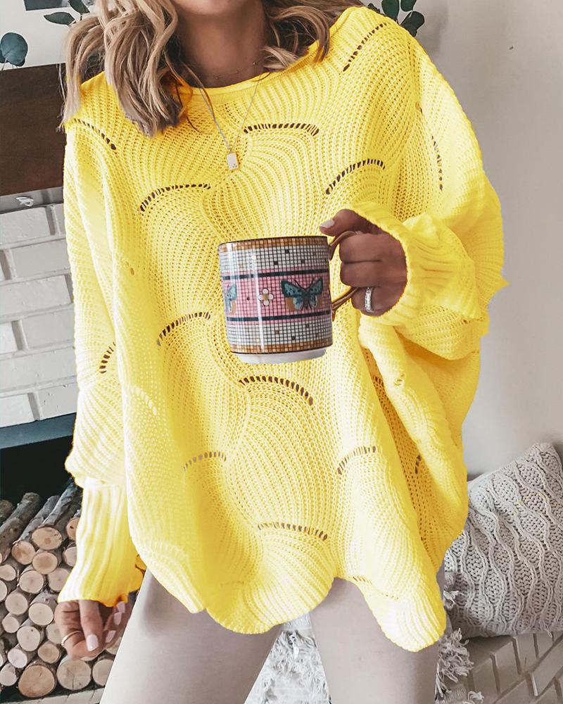 

Hollow Out Long Sleeve Plain Sweater, Yellow