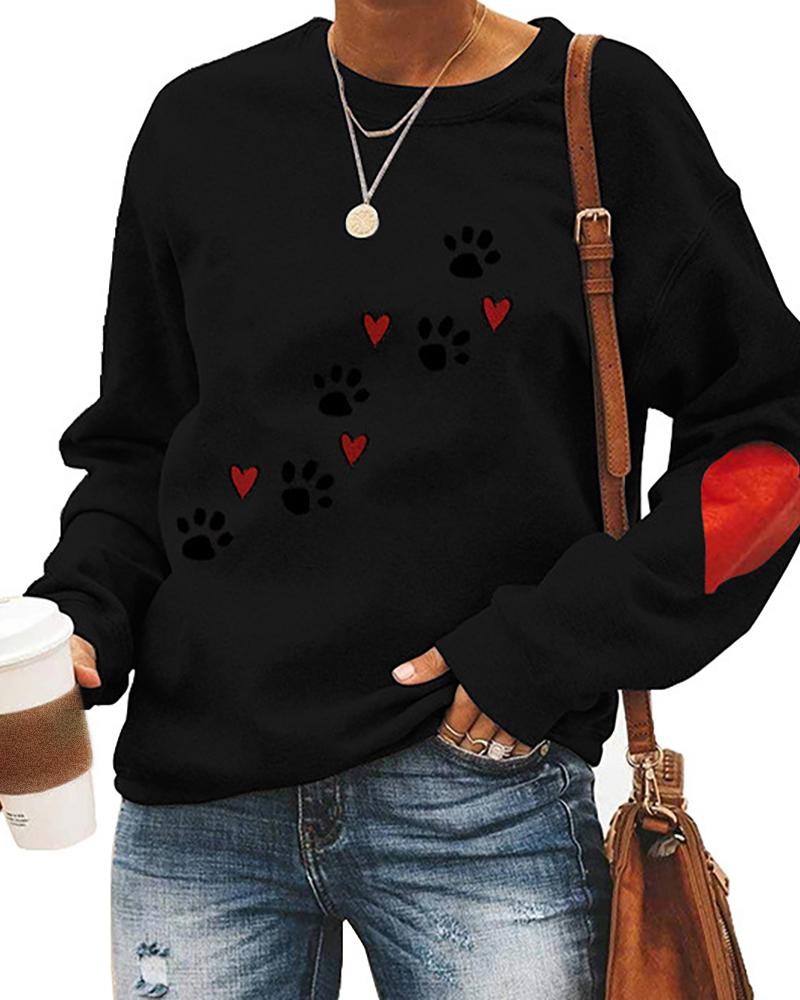

Cat Paw Heart Print Long Sleeve Sweatshirt, Black