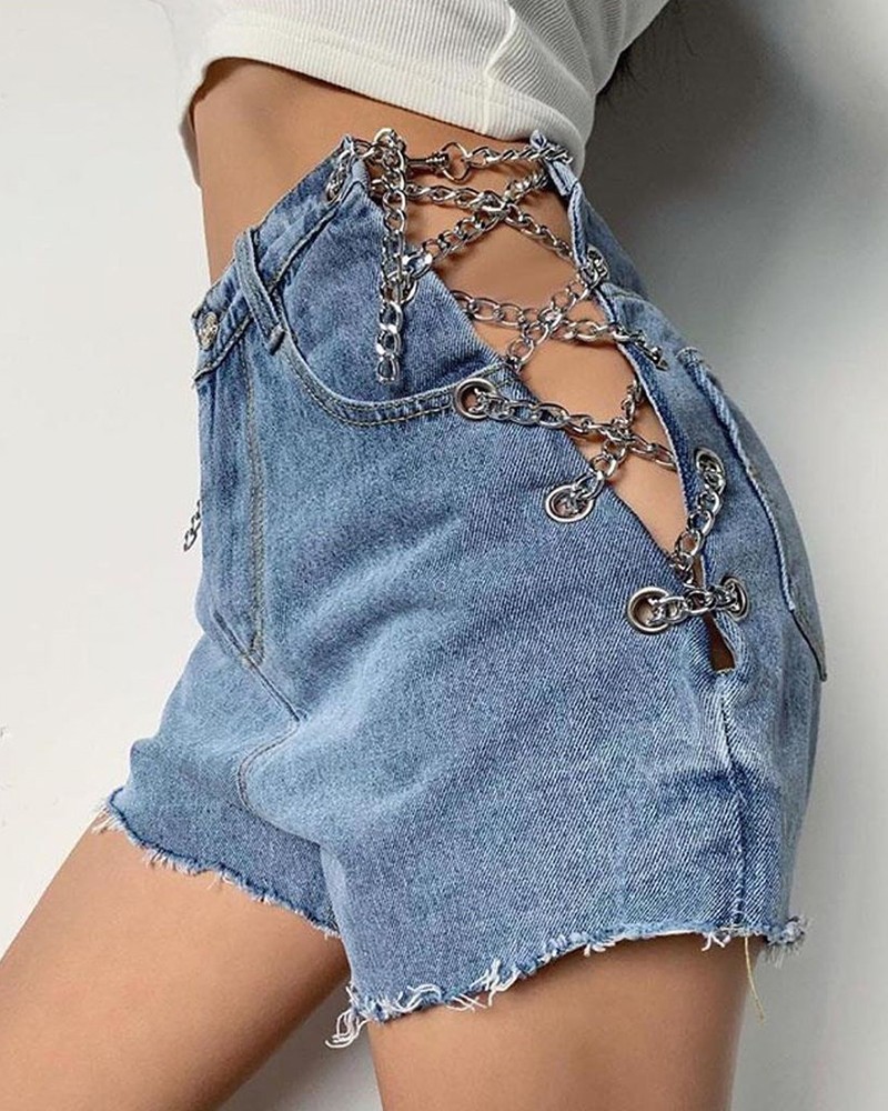 chain denim shorts