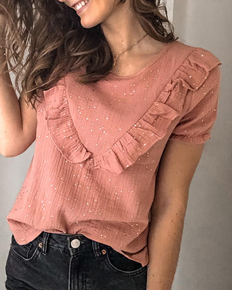 

Solid Ruffles Round Neck Casual T-shirt, Pink