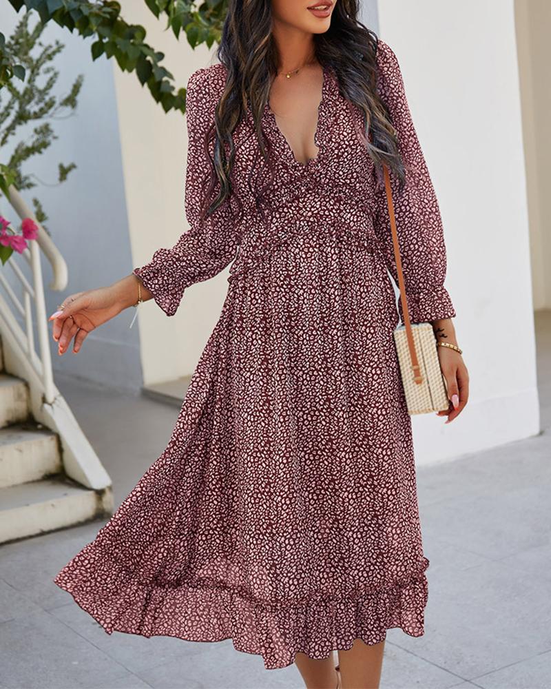 

Frill Hem Ditsy Floral Print Casual Women Dress, Red