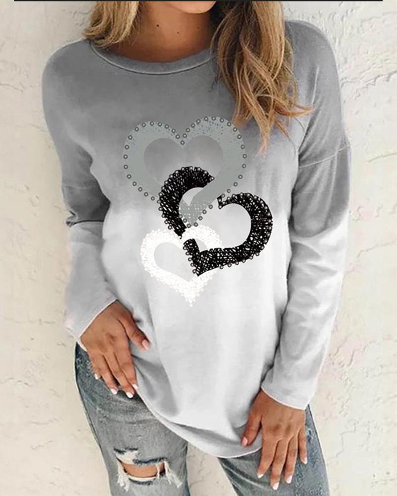 

Gradient Heart Print Long Sleeve Blouse, Gray