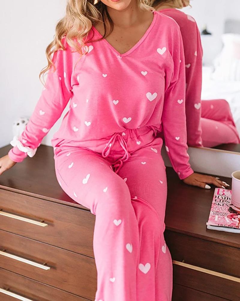

Heart Print Long Sleeve Top & Drawstring Pants Set, Pink