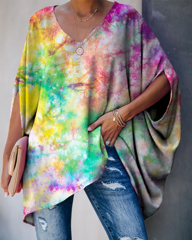 

Tie Dye Bat-wing Sleeve Loose T-shirts, Multicolor