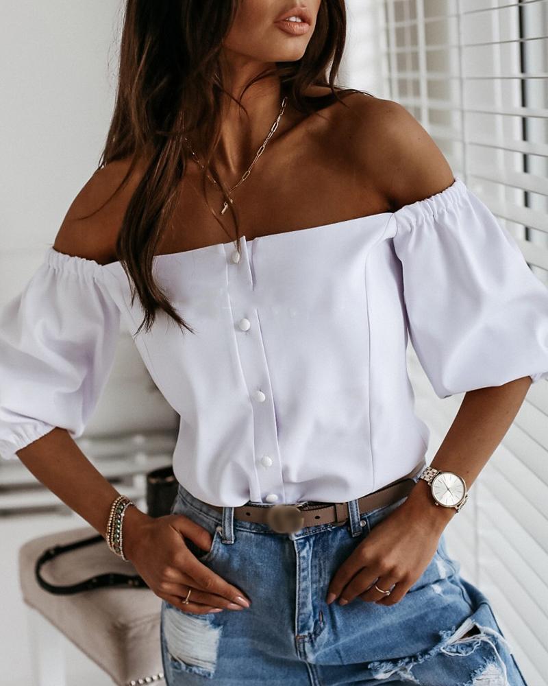 

Solid Color Off Shoulder Short Sleeve Shirt, White