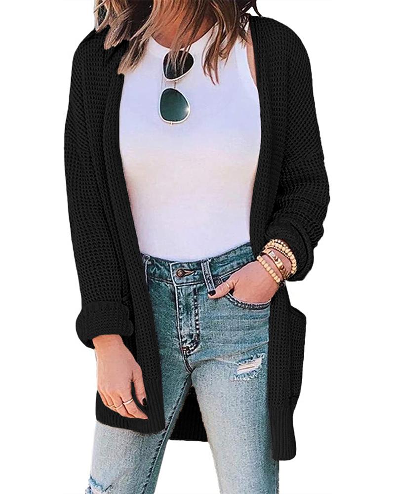 

Casual Solid Waffle Check Cardigan, Black