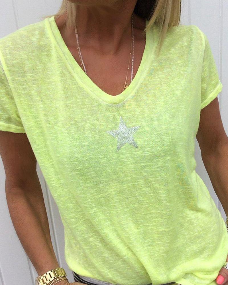 

Star Print V-Neck T-Shirt, Yellow