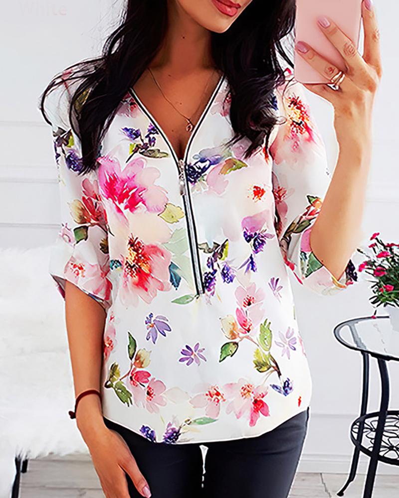 

Floral Print Zipper Front Chiffon Top, White