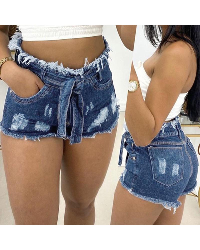 

Tie Front Denim Shorts, Light blue