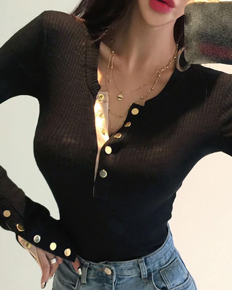 

Solid Long Sleeve Buttoned Blouse, Black