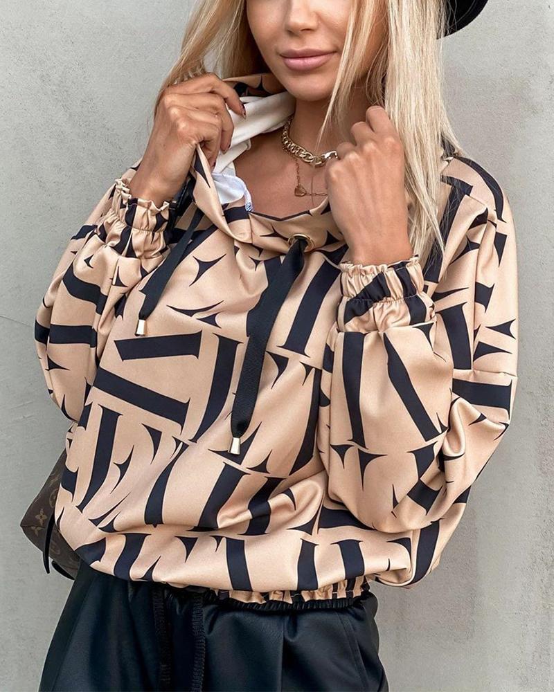 

Letter Print Long Sleeve Loose Women Blouse, Khaki