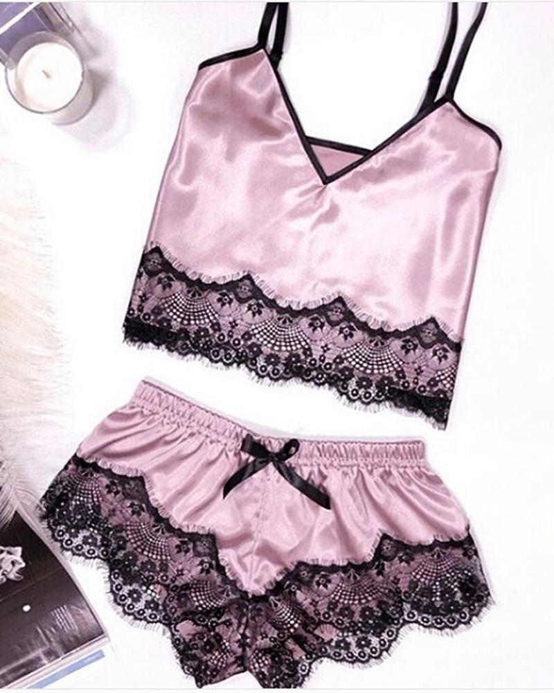 

Eyelash Lace Low Cut Cami Set, Pink