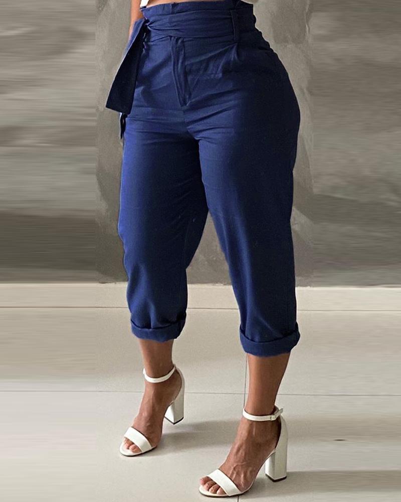 

Pocket Design Casual Cropped Pants, Blue