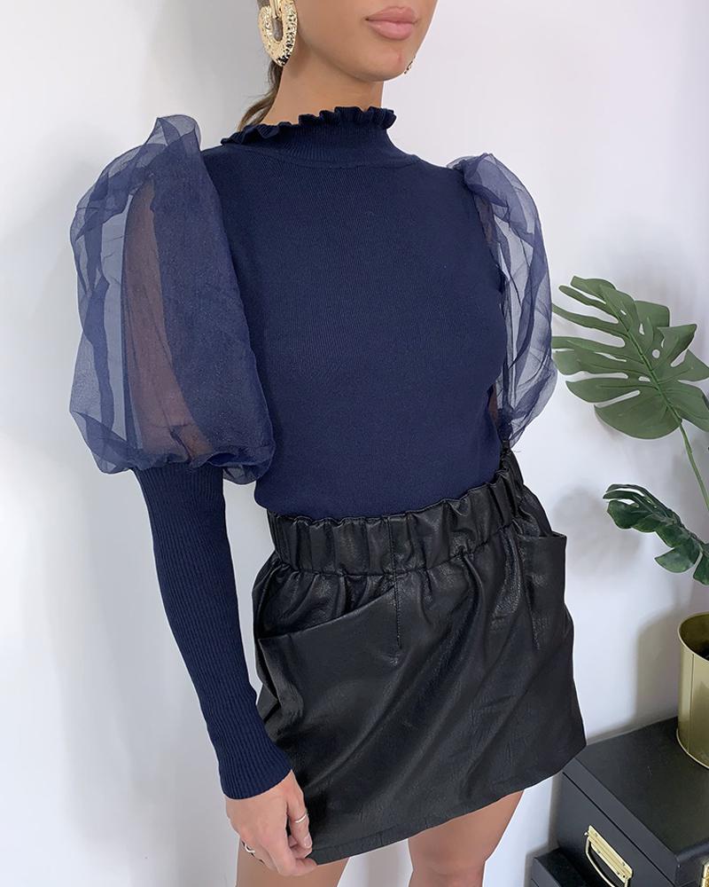 

Solid Patchwork Mesh Puff Sleeve Blouse, Blue