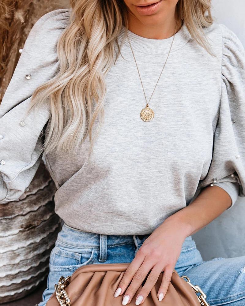 

Puffed Sleeve Beaded Half Sleeve T-shirt, Gray